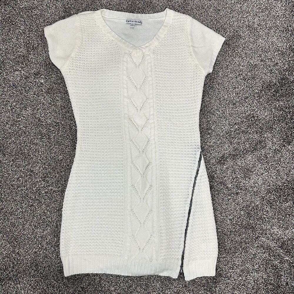 Womens Mini Sweater Dress Sz Large Cream Short Sleeve Side Leg Zip